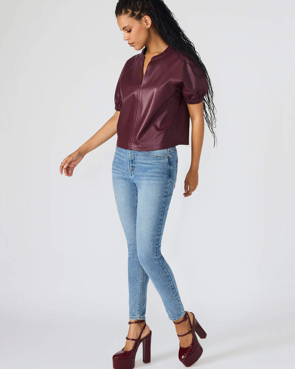 ROXANNE Wine Short-Sleeved Faux Leather Puff Sleeve Women's Top | Steve Madden US