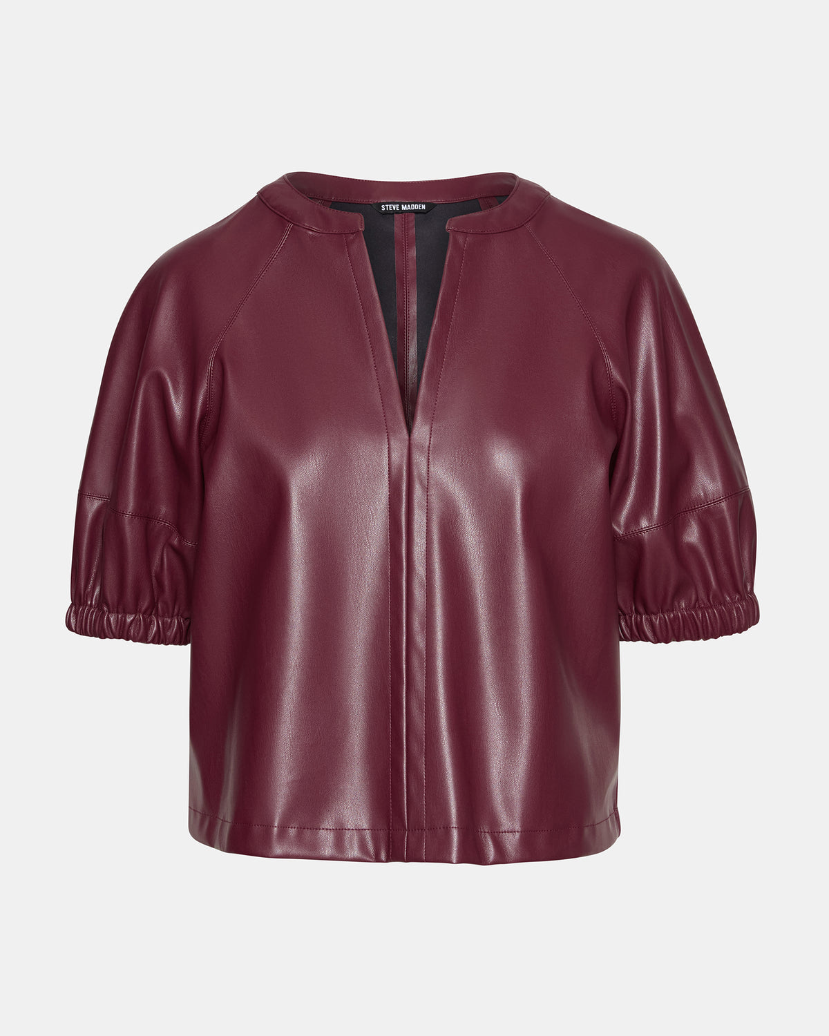 ROXANNE Wine Short-Sleeved Faux Leather Puff Sleeve Women's Top | Steve Madden US