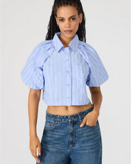 REECE Soft Blue Button-Up Collared Bubble Sleeve Women's Top | Steve Madden outlet