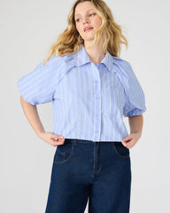 REECE Soft Blue Button-Up Collared Bubble Sleeve Women's Top | Steve Madden outlet