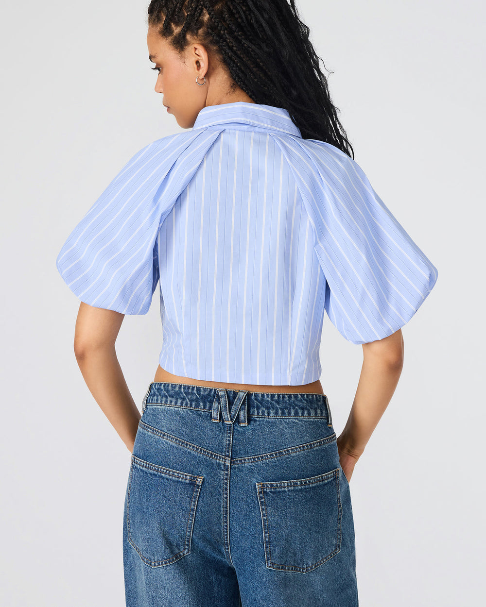 REECE Soft Blue Button-Up Collared Bubble Sleeve Women's Top | Steve Madden outlet