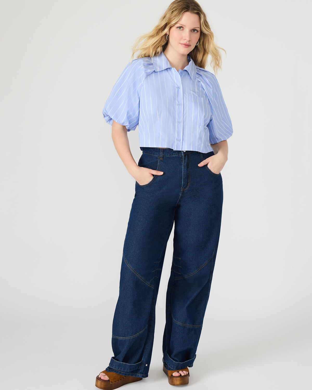 REECE Soft Blue Button-Up Collared Bubble Sleeve Women's Top | Steve Madden outlet