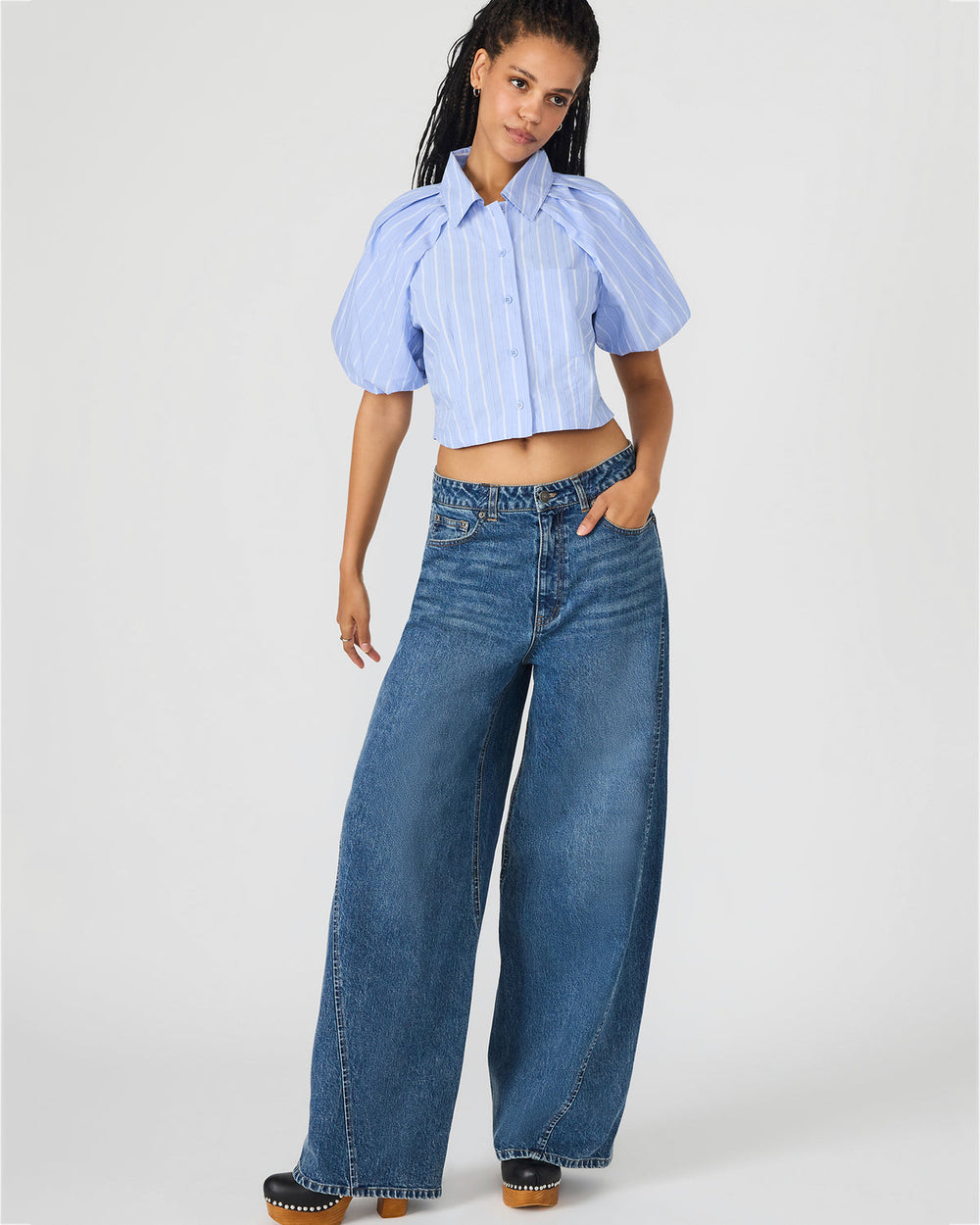 REECE Soft Blue Button-Up Collared Bubble Sleeve Women's Top | Steve Madden outlet