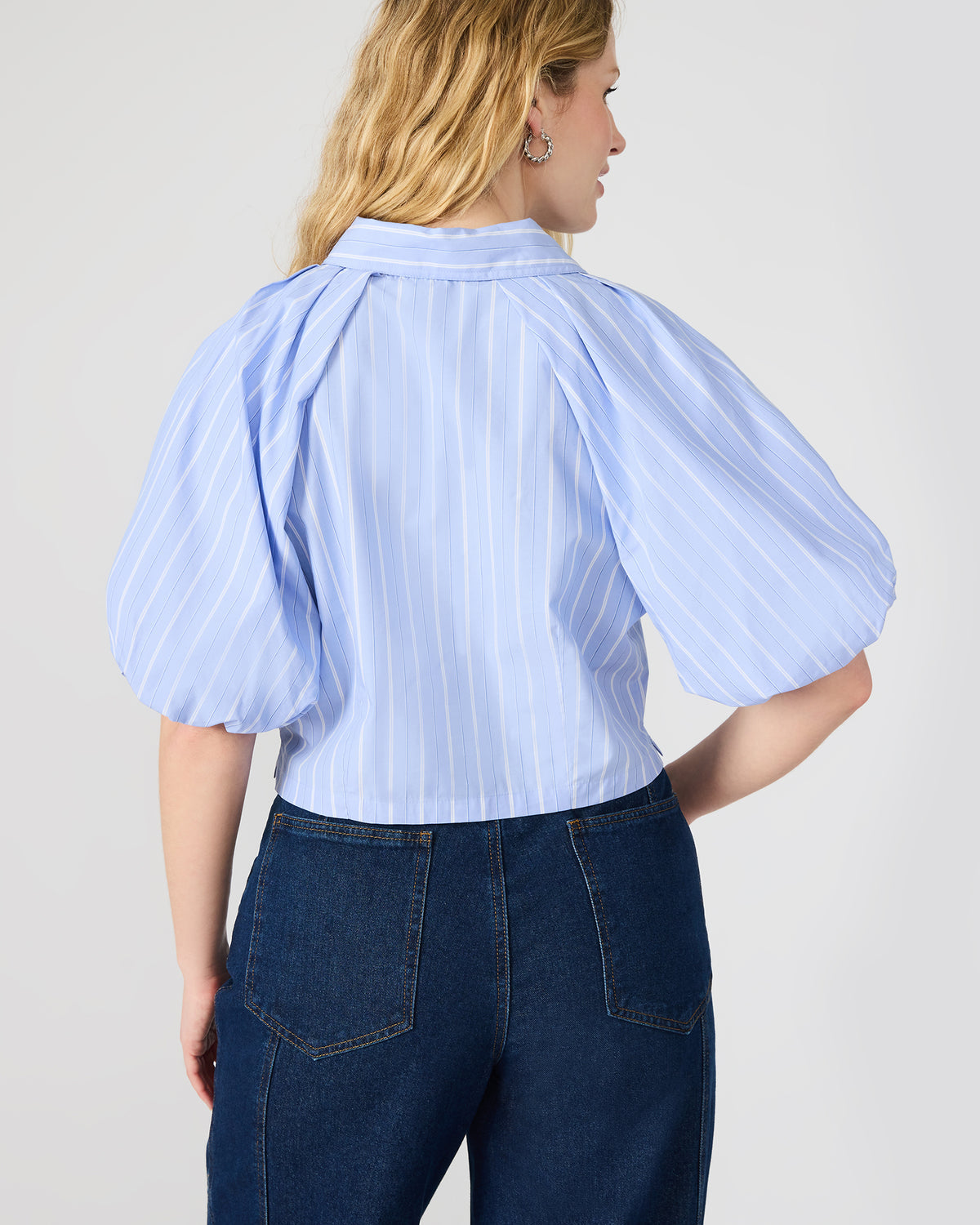 REECE Soft Blue Button-Up Collared Bubble Sleeve Women's Top | Steve Madden outlet