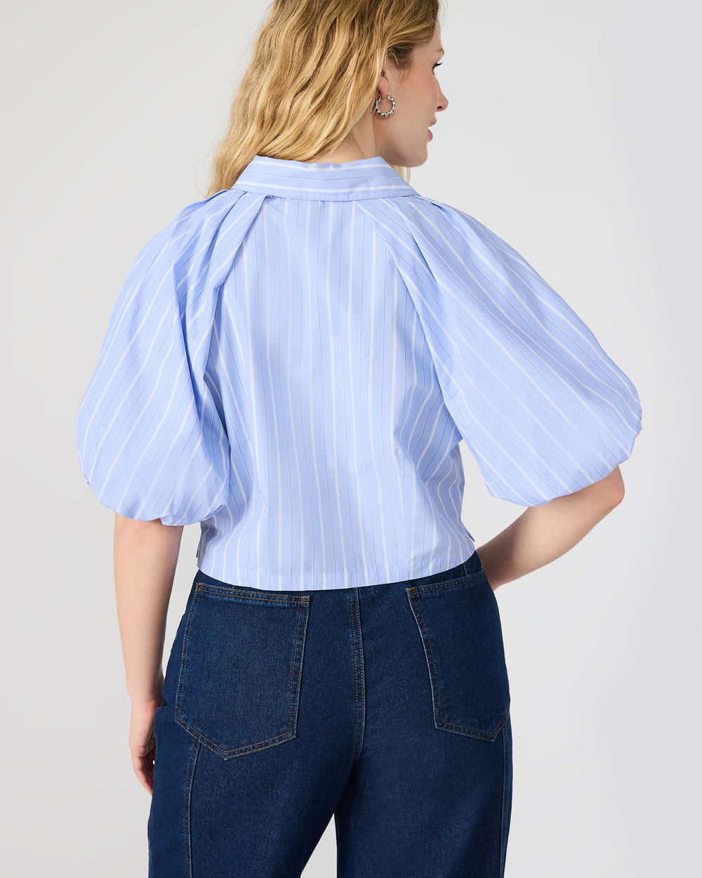 REECE Soft Blue Button-Up Collared Bubble Sleeve Women's Top | Steve Madden outlet