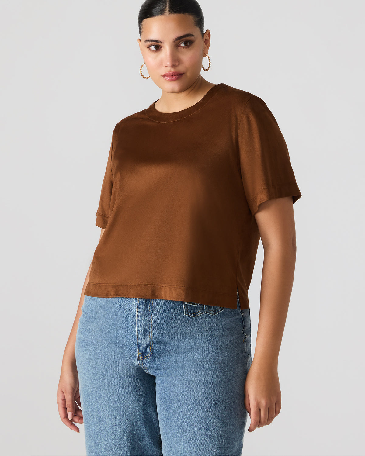 EZRA Chicory Coffee Short-Sleeved Faux-Suede Women's Top | Steve Madden for Sale