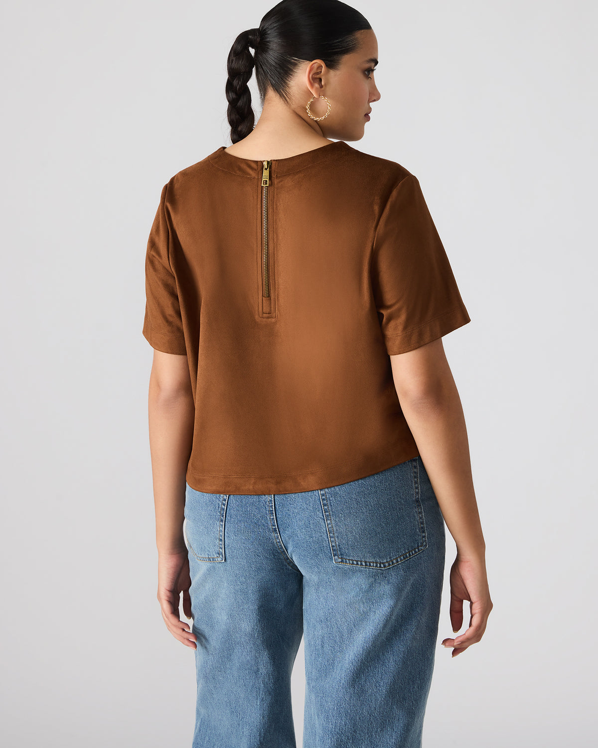 EZRA Chicory Coffee Short-Sleeved Faux-Suede Women's Top | Steve Madden for Sale