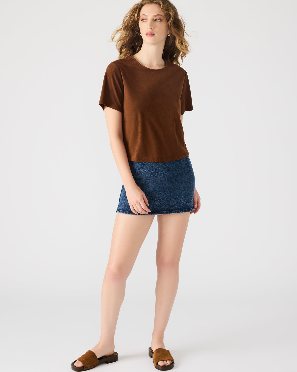 EZRA Chicory Coffee Short-Sleeved Faux-Suede Women's Top | Steve Madden for Sale