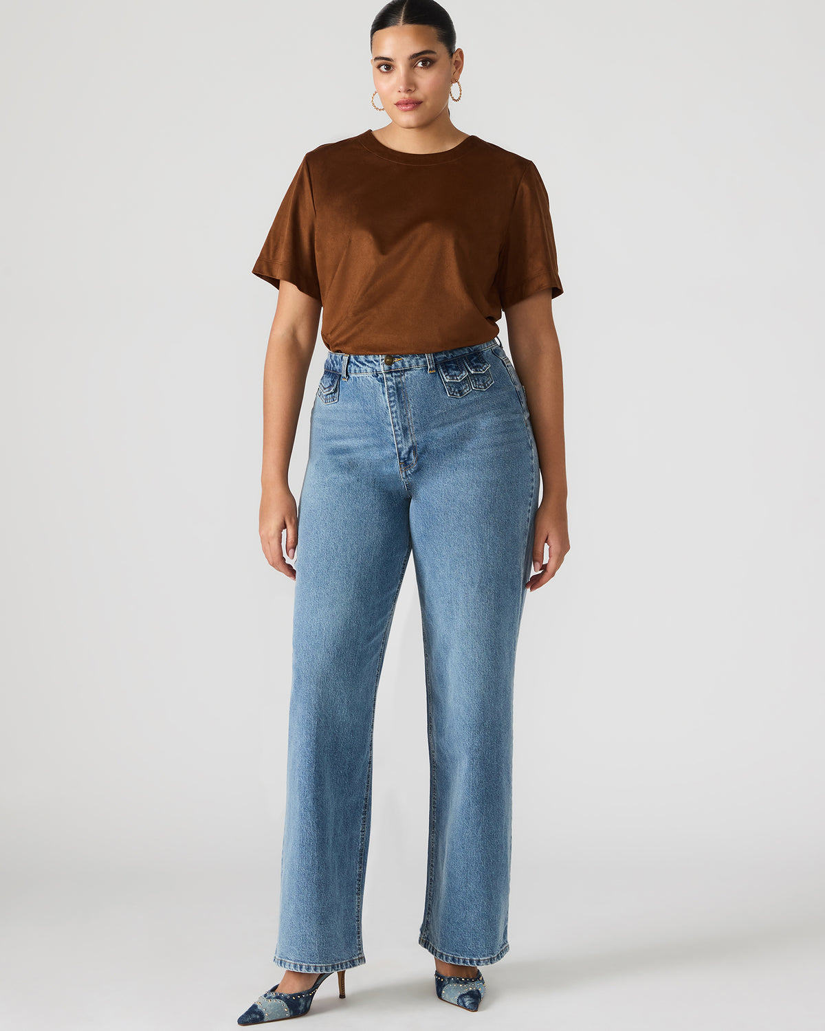 EZRA Chicory Coffee Short-Sleeved Faux-Suede Women's Top | Steve Madden for Sale