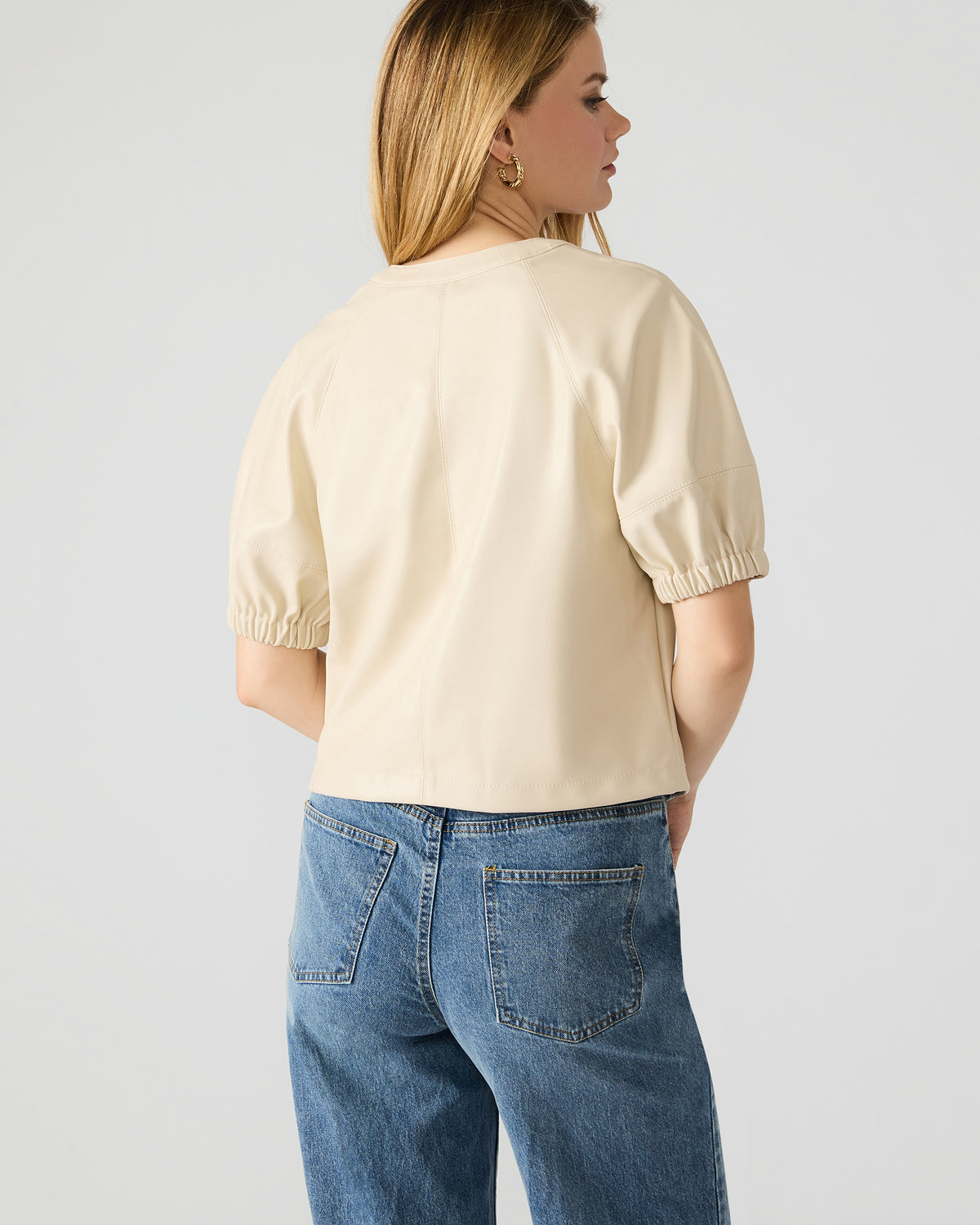 ROXANNE Bone Short-Sleeved Faux Leather Puff Sleeve Women's Top | Steve Madden on Sale