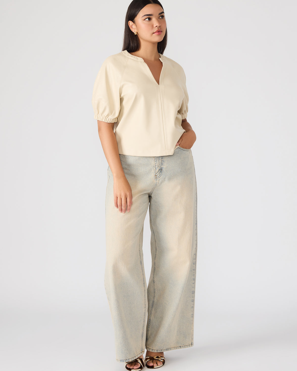 ROXANNE Bone Short-Sleeved Faux Leather Puff Sleeve Women's Top | Steve Madden on Sale