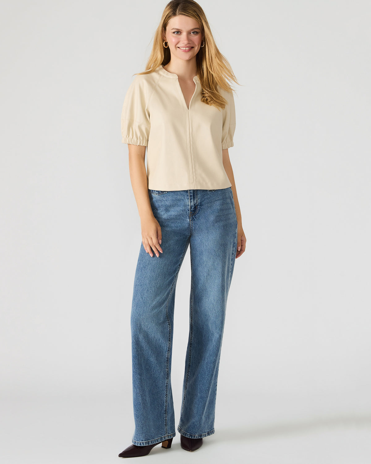 ROXANNE Bone Short-Sleeved Faux Leather Puff Sleeve Women's Top | Steve Madden on Sale