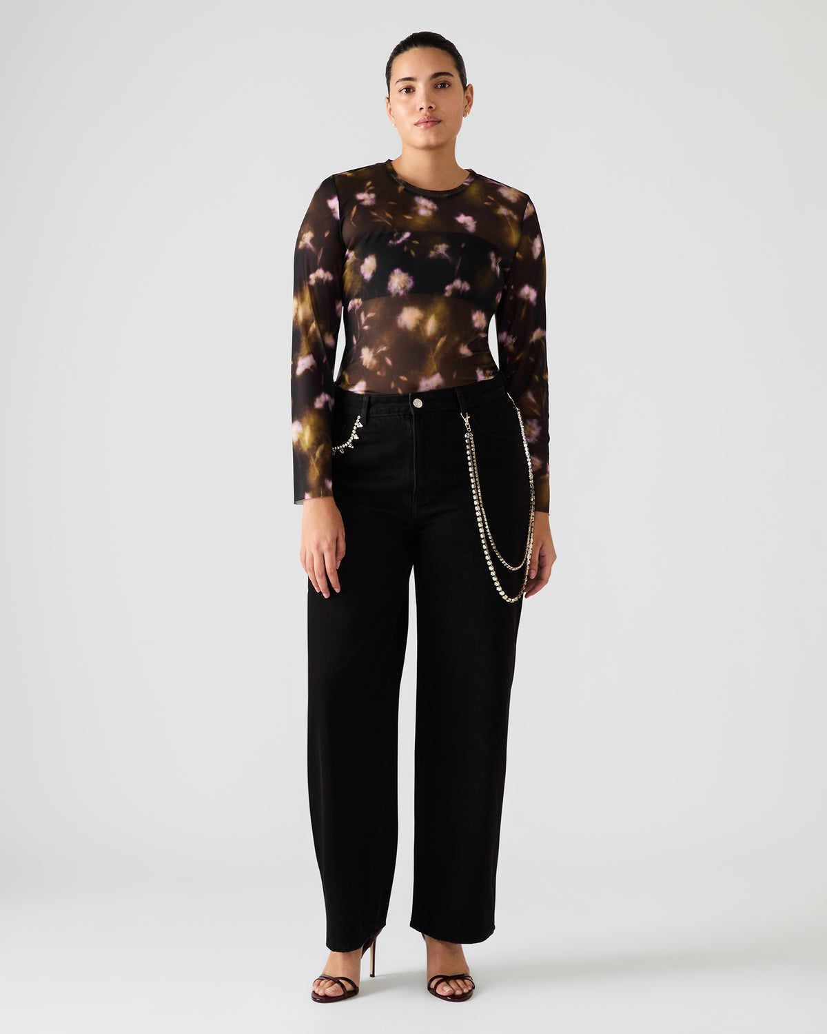 LILIANNA Black Multi Mesh Sheer Long-Sleeved Floral Print Women's Top | Steve Madden discount