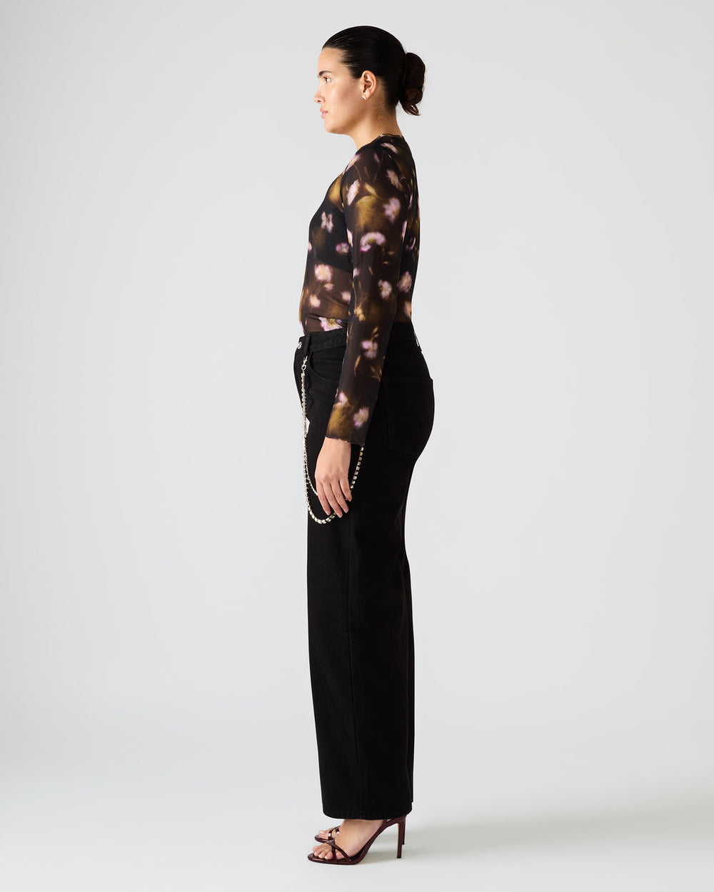 LILIANNA Black Multi Mesh Sheer Long-Sleeved Floral Print Women's Top | Steve Madden discount