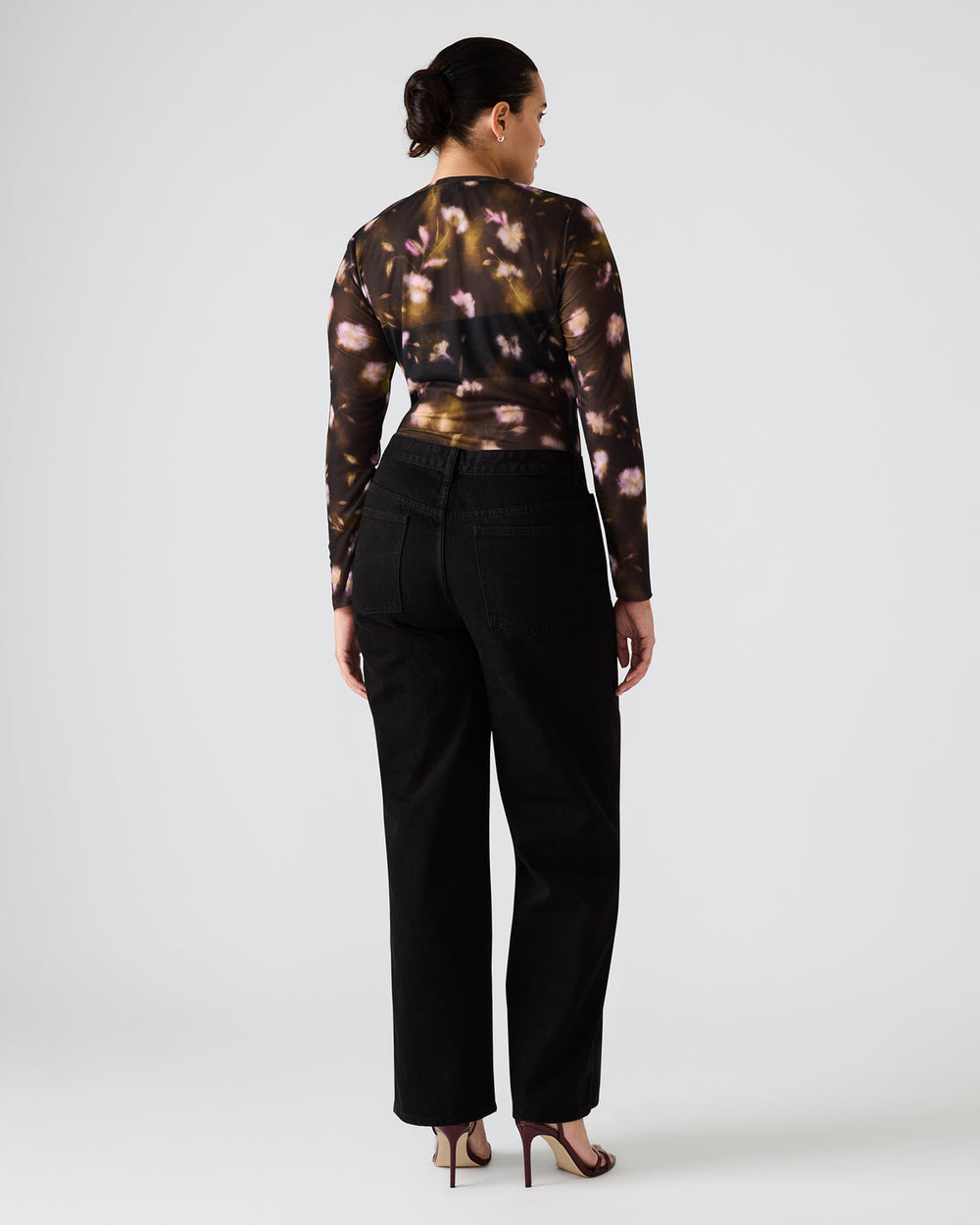 LILIANNA Black Multi Mesh Sheer Long-Sleeved Floral Print Women's Top | Steve Madden discount
