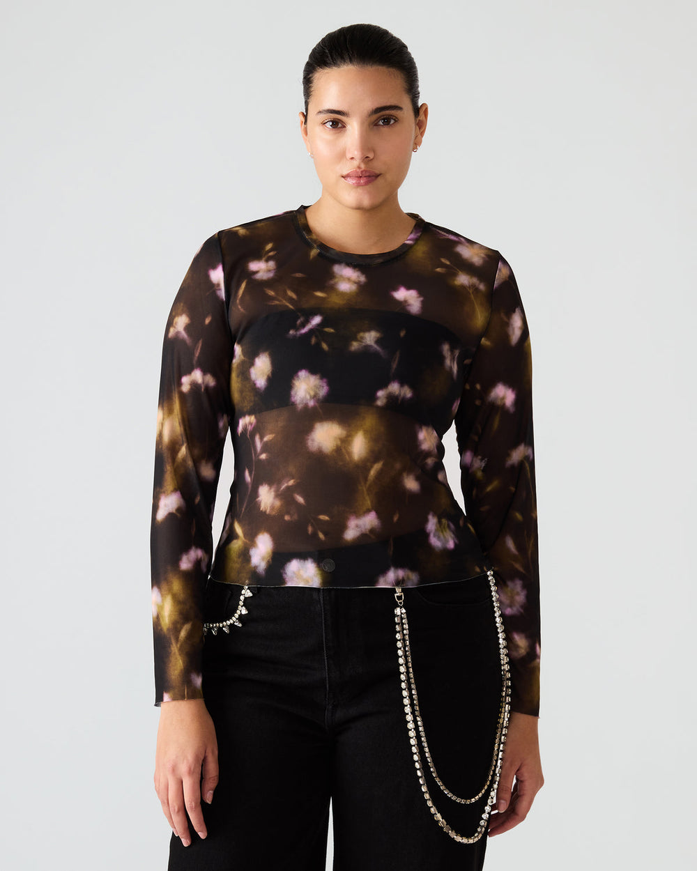 LILIANNA Black Multi Mesh Sheer Long-Sleeved Floral Print Women's Top | Steve Madden discount