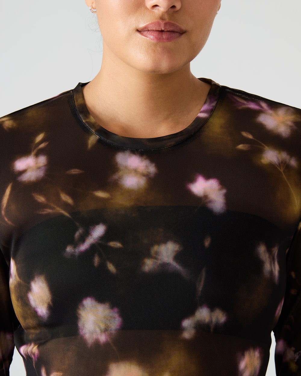 LILIANNA Black Multi Mesh Sheer Long-Sleeved Floral Print Women's Top | Steve Madden discount