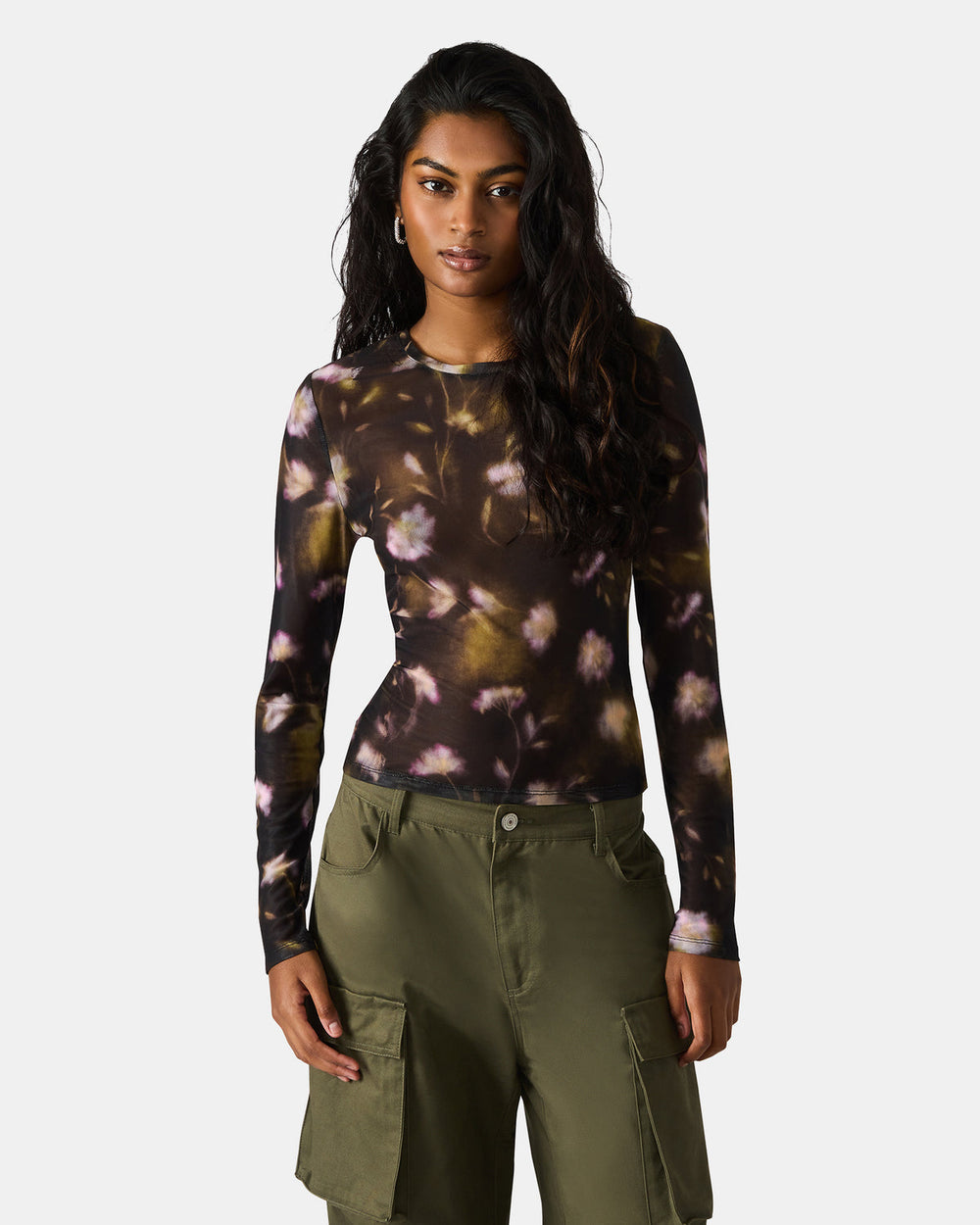 LILIANNA Black Multi Mesh Sheer Long-Sleeved Floral Print Women's Top | Steve Madden discount