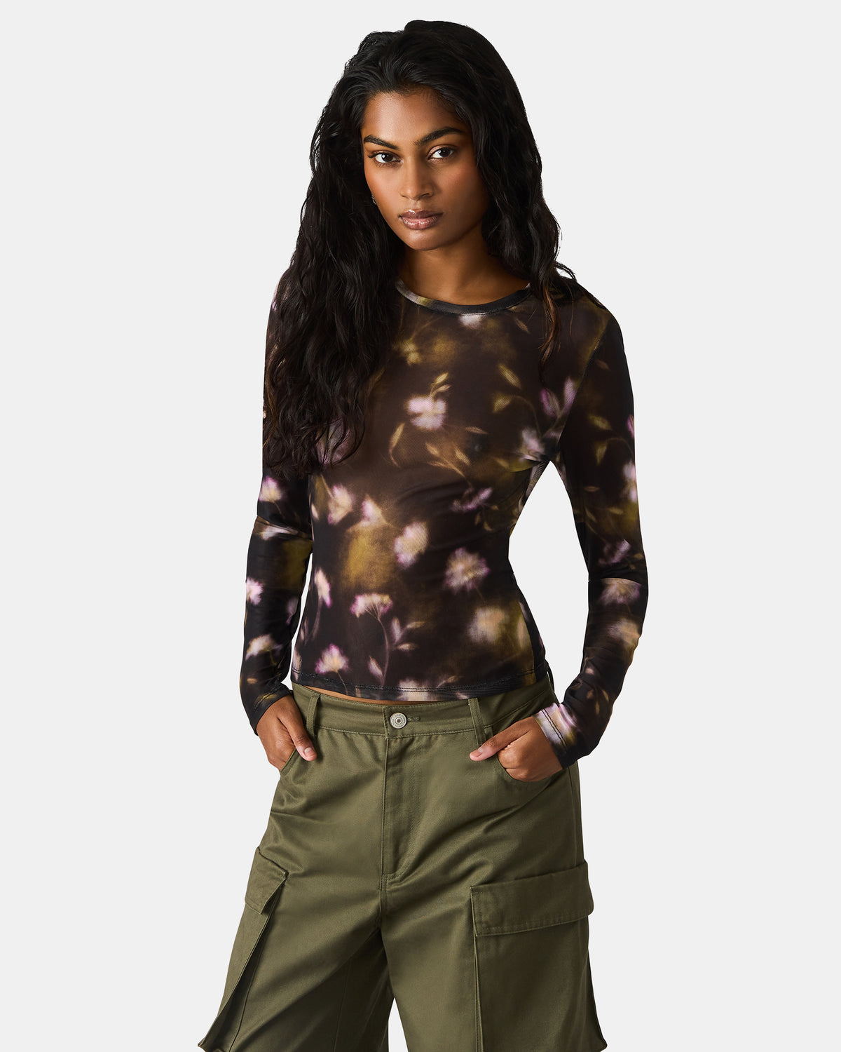 LILIANNA Black Multi Mesh Sheer Long-Sleeved Floral Print Women's Top | Steve Madden discount