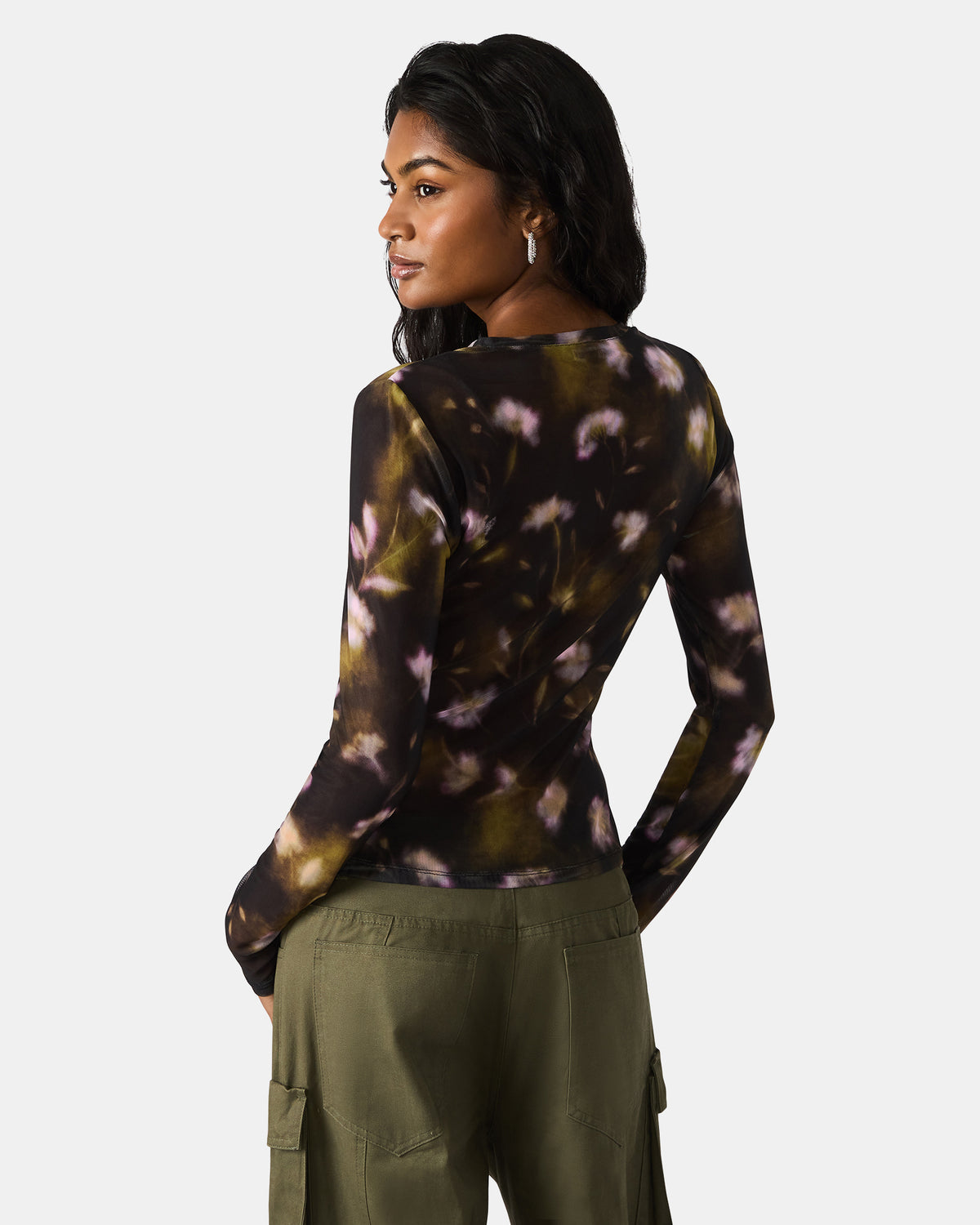 LILIANNA Black Multi Mesh Sheer Long-Sleeved Floral Print Women's Top | Steve Madden discount