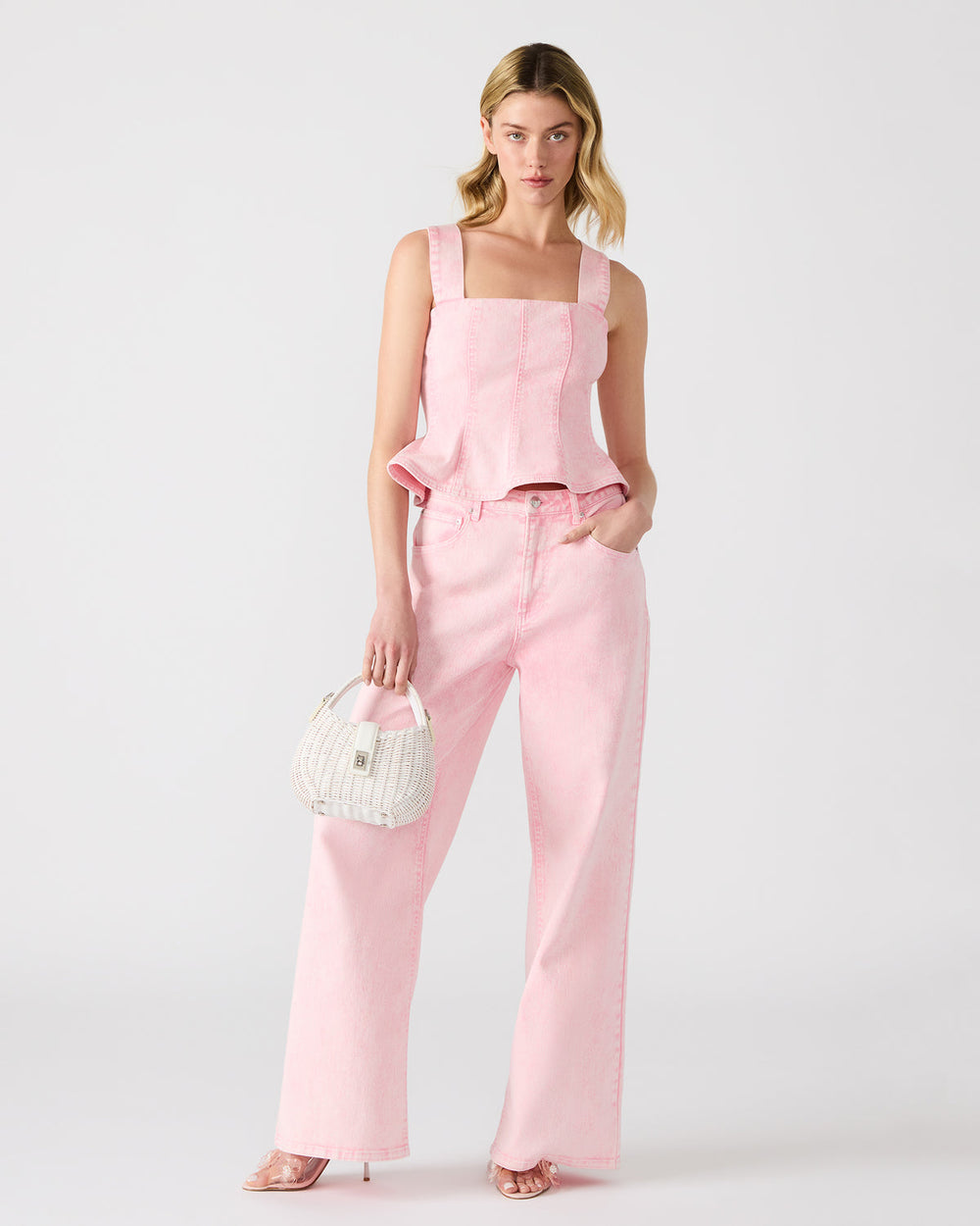 PENELOPI Denim Ruffle Fabric Women's Tank Top | Steve Madden online