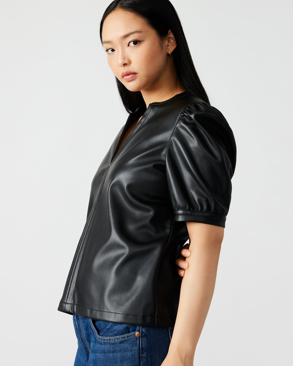 JANE Black Women's Short-Sleeved Suede Top | Steve Madden US