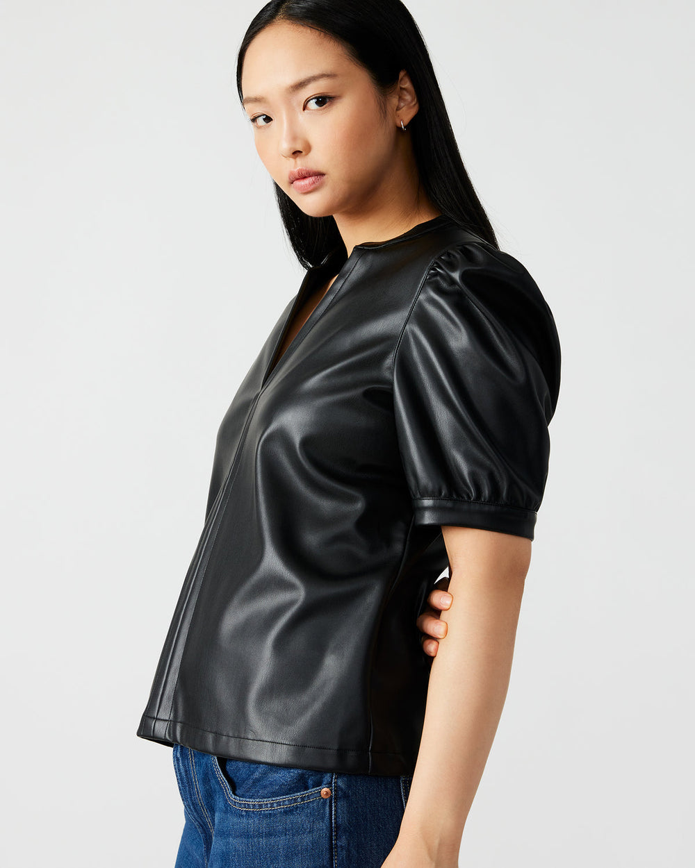 JANE Black Women's Short-Sleeved Suede Top | Steve Madden US