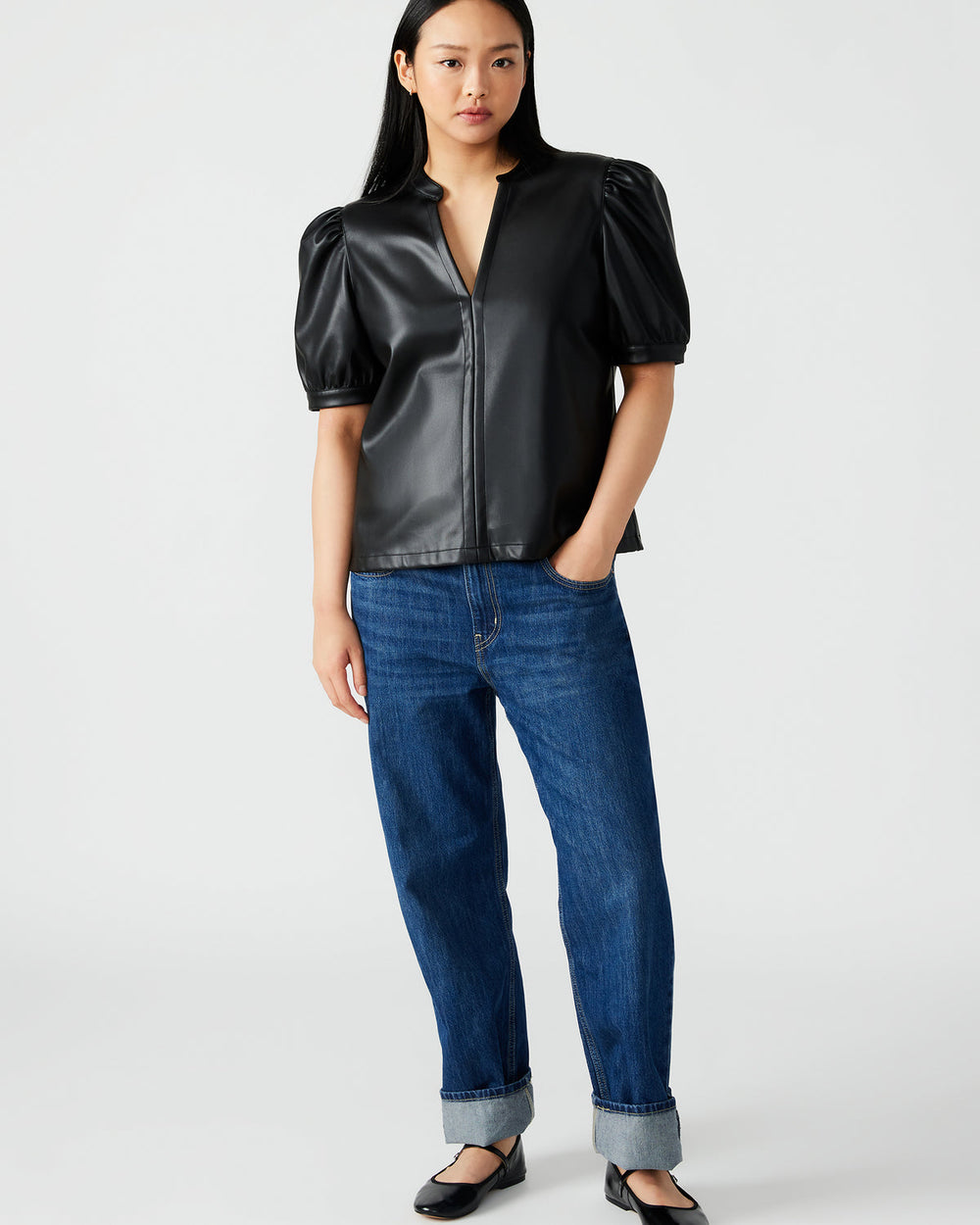 JANE Black Women's Short-Sleeved Suede Top | Steve Madden US