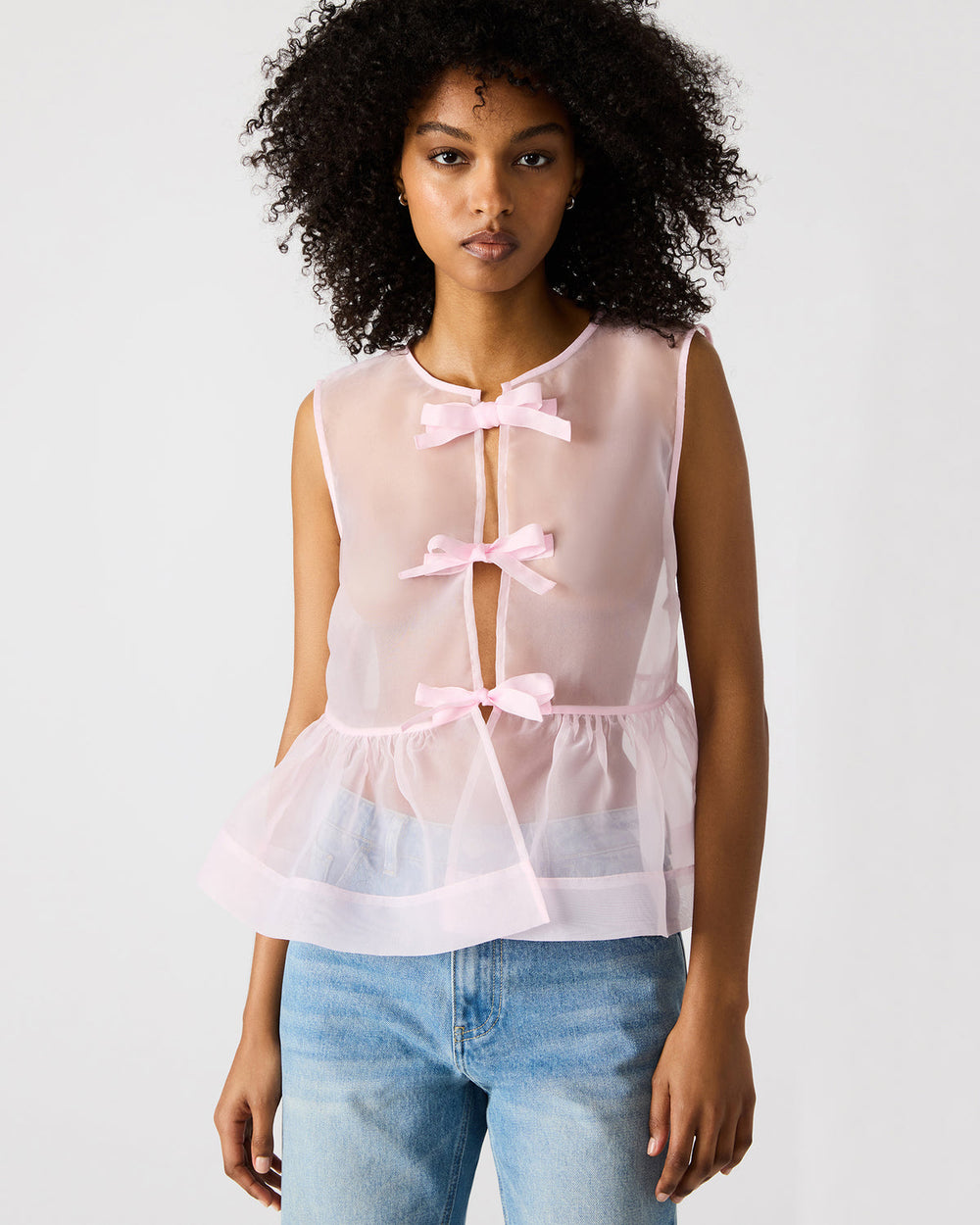 PAULINA Light Pink Sheer Mesh Bow Detail Tie-Front Women's Top | Steve Madden outlet
