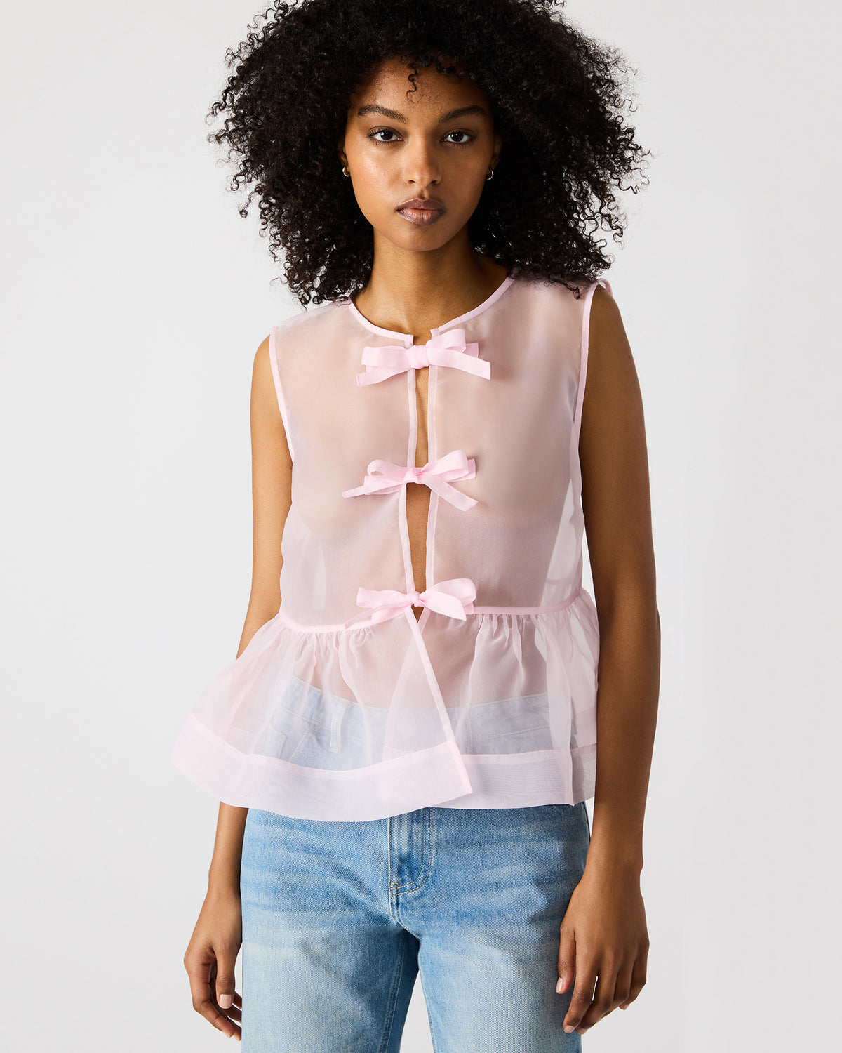 PAULINA Light Pink Sheer Mesh Bow Detail Tie-Front Women's Top | Steve Madden outlet