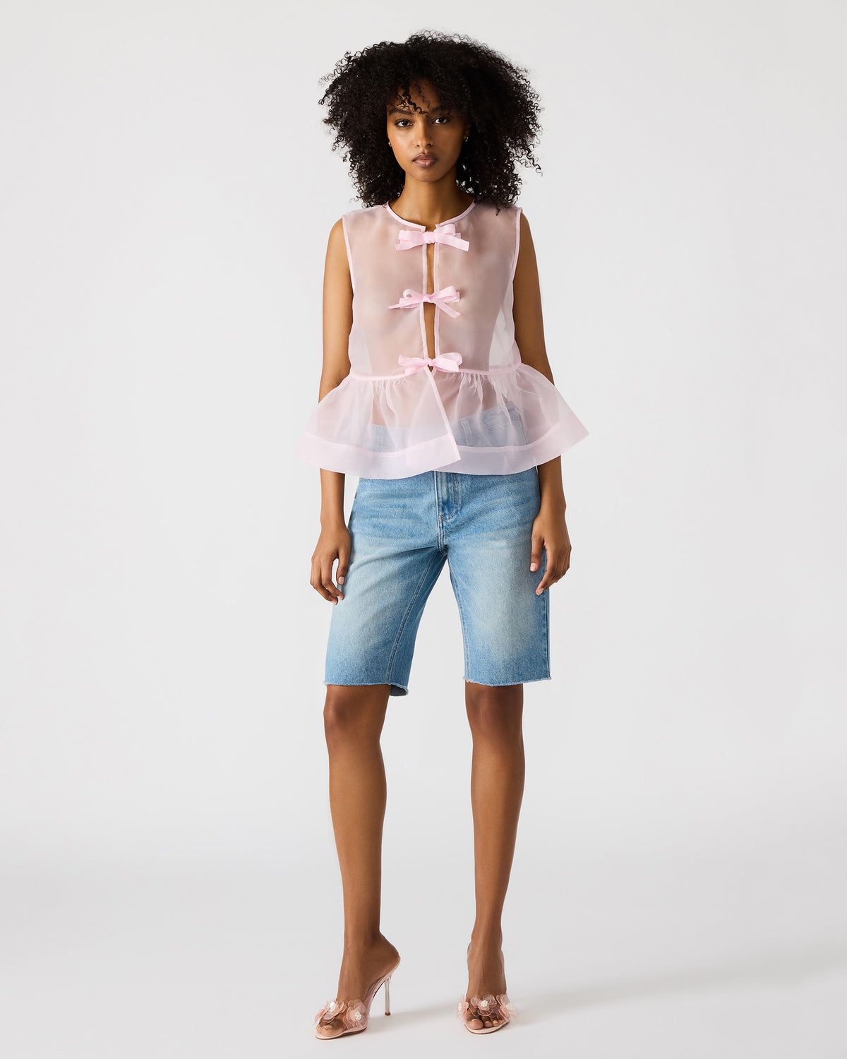 PAULINA Light Pink Sheer Mesh Bow Detail Tie-Front Women's Top | Steve Madden outlet