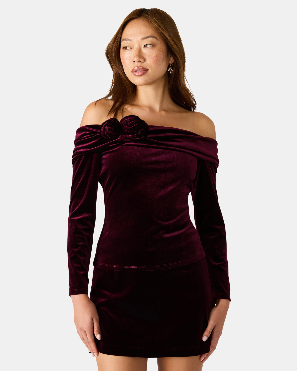 LICI Wine Long-Sleeved Velvet Rose Off-The-Shoulder Women's Top | Steve Madden Sale