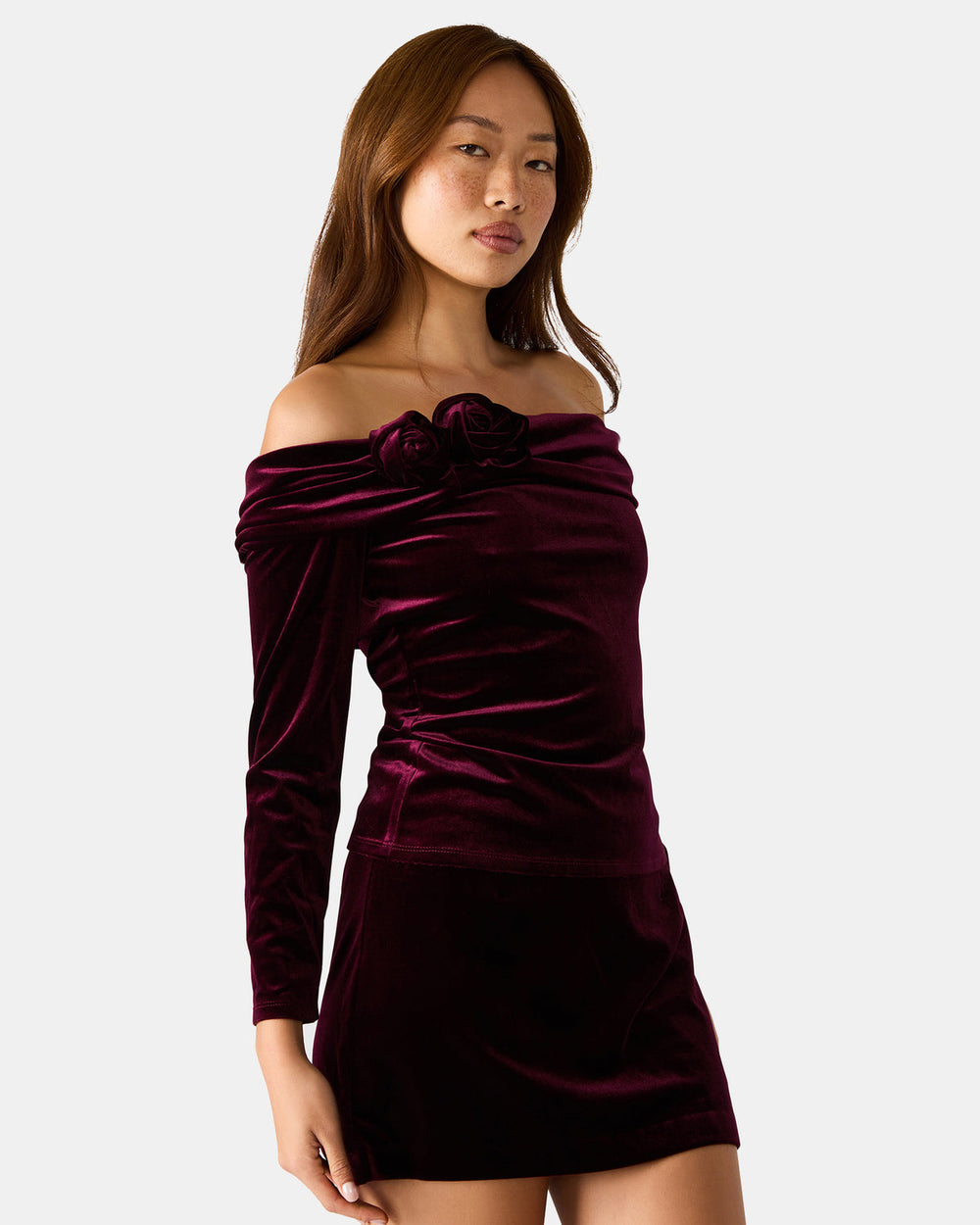 LICI Wine Long-Sleeved Velvet Rose Off-The-Shoulder Women's Top | Steve Madden Sale