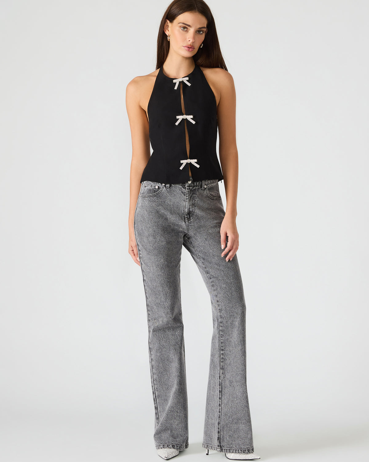 JUVIA Black Sleeveless Bow Detail Halter Women's Top | Steve Madden for Sale