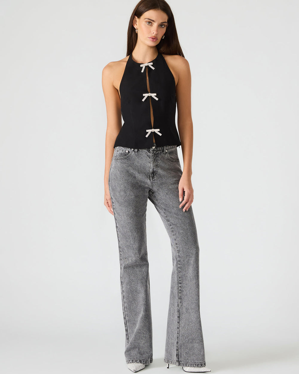 JUVIA Black Sleeveless Bow Detail Halter Women's Top | Steve Madden for Sale