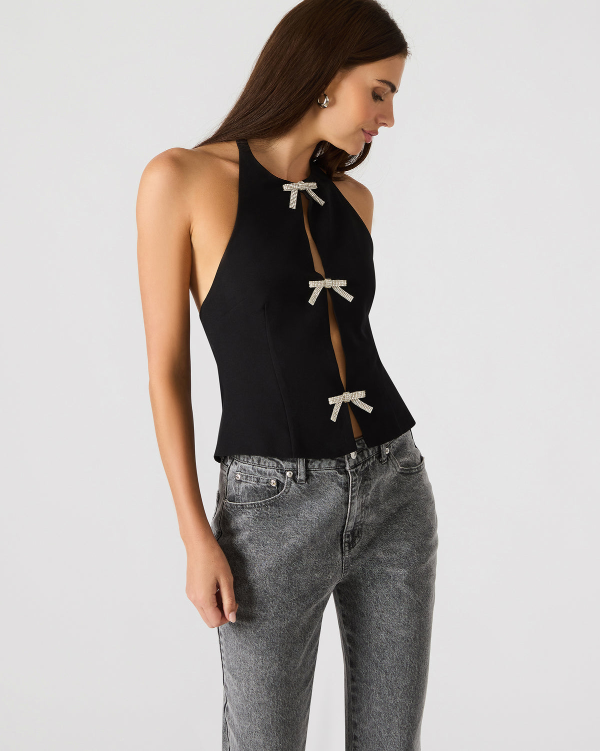 JUVIA Black Sleeveless Bow Detail Halter Women's Top | Steve Madden for Sale