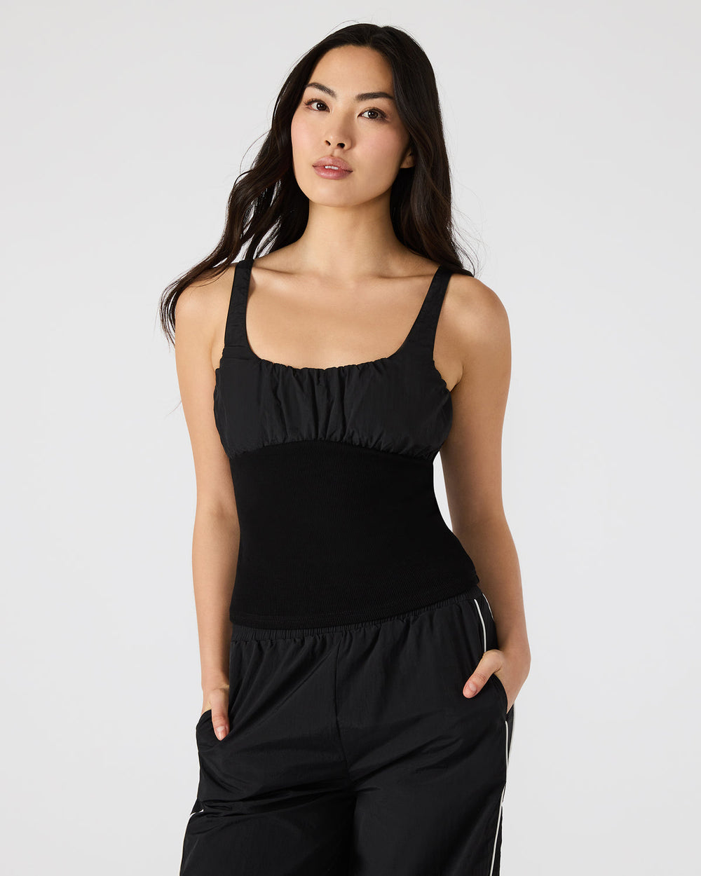 LUANA Black Pull-Over Ruched Tank Top | Steve Madden on Sale