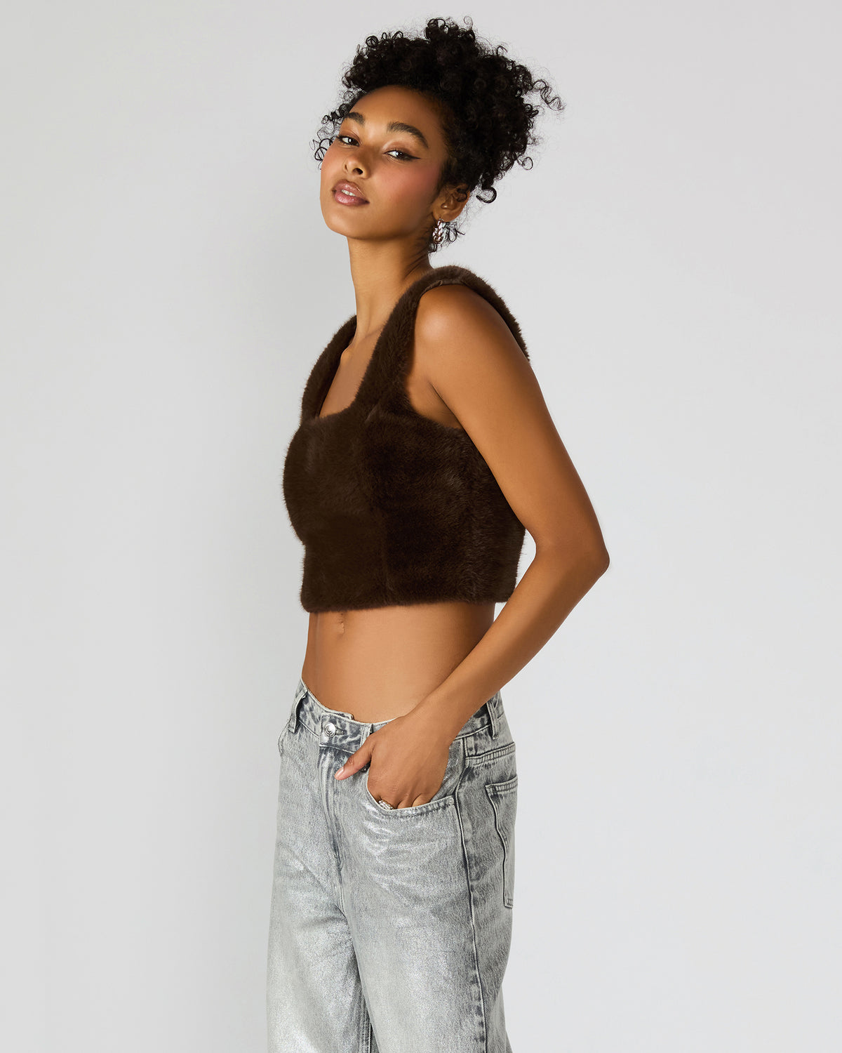 HANNIA Faux Fur Dark Espresso Cropped Women's Top | Steve Madden US