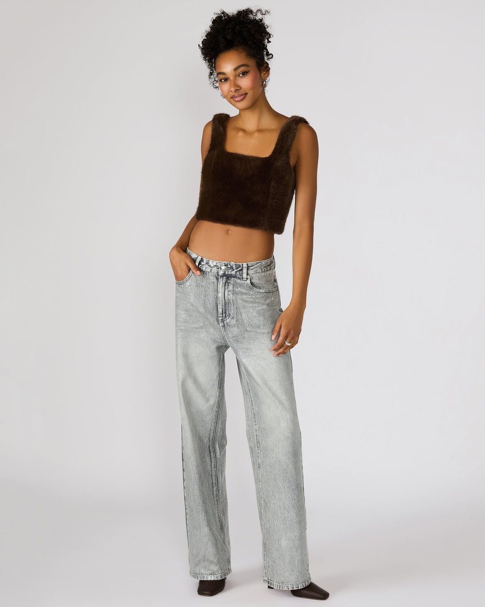 HANNIA Faux Fur Dark Espresso Cropped Women's Top | Steve Madden US