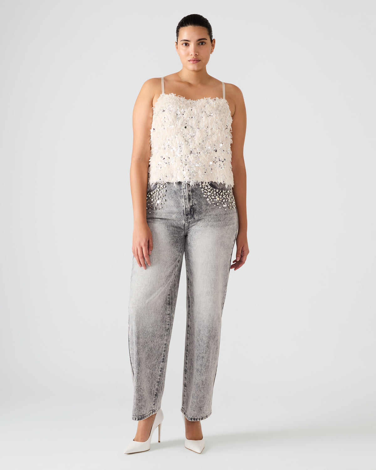 BLAKELYN Ivory Feather Sequin Embellished Women's Top | Steve Madden outlet