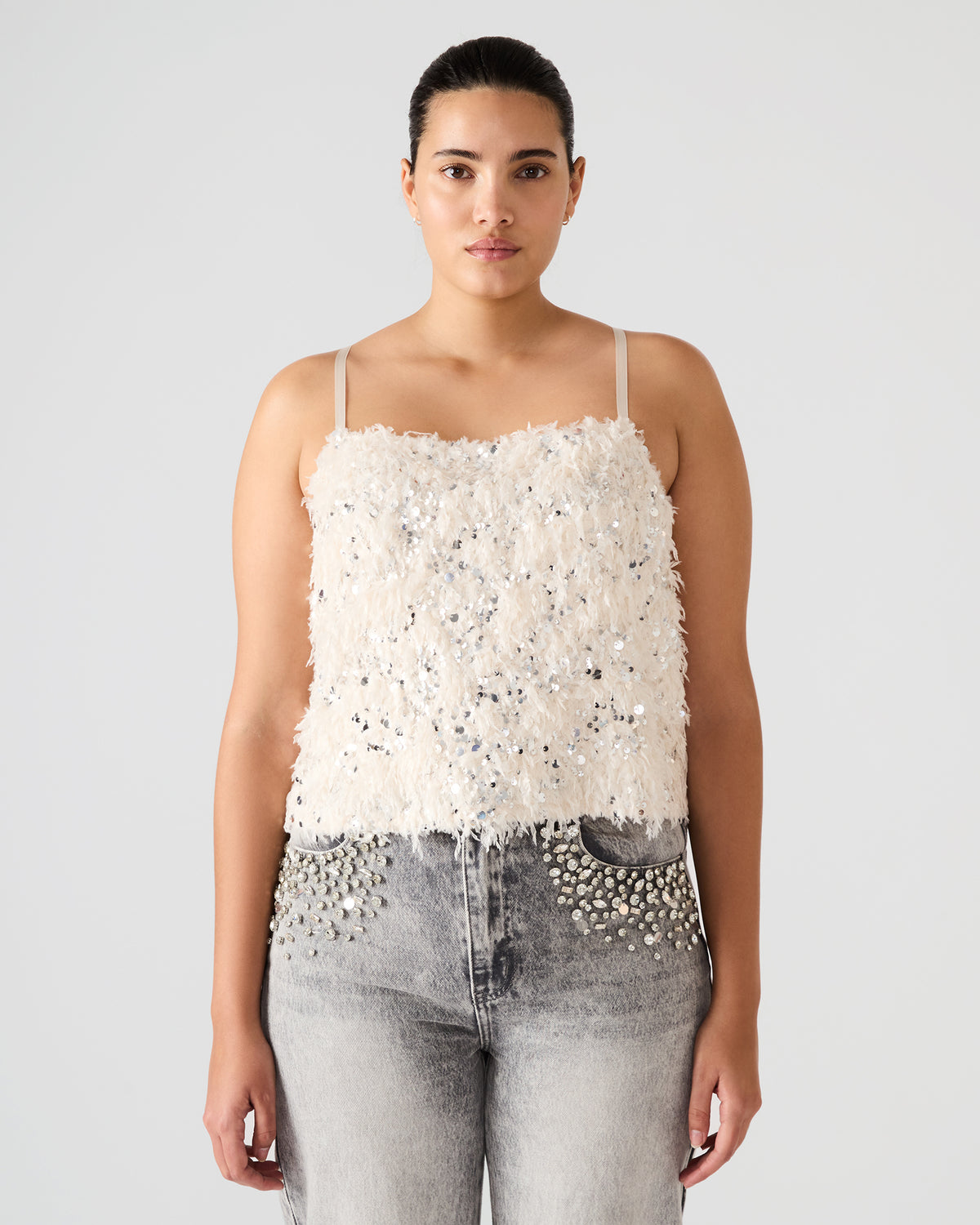 BLAKELYN Ivory Feather Sequin Embellished Women's Top | Steve Madden outlet