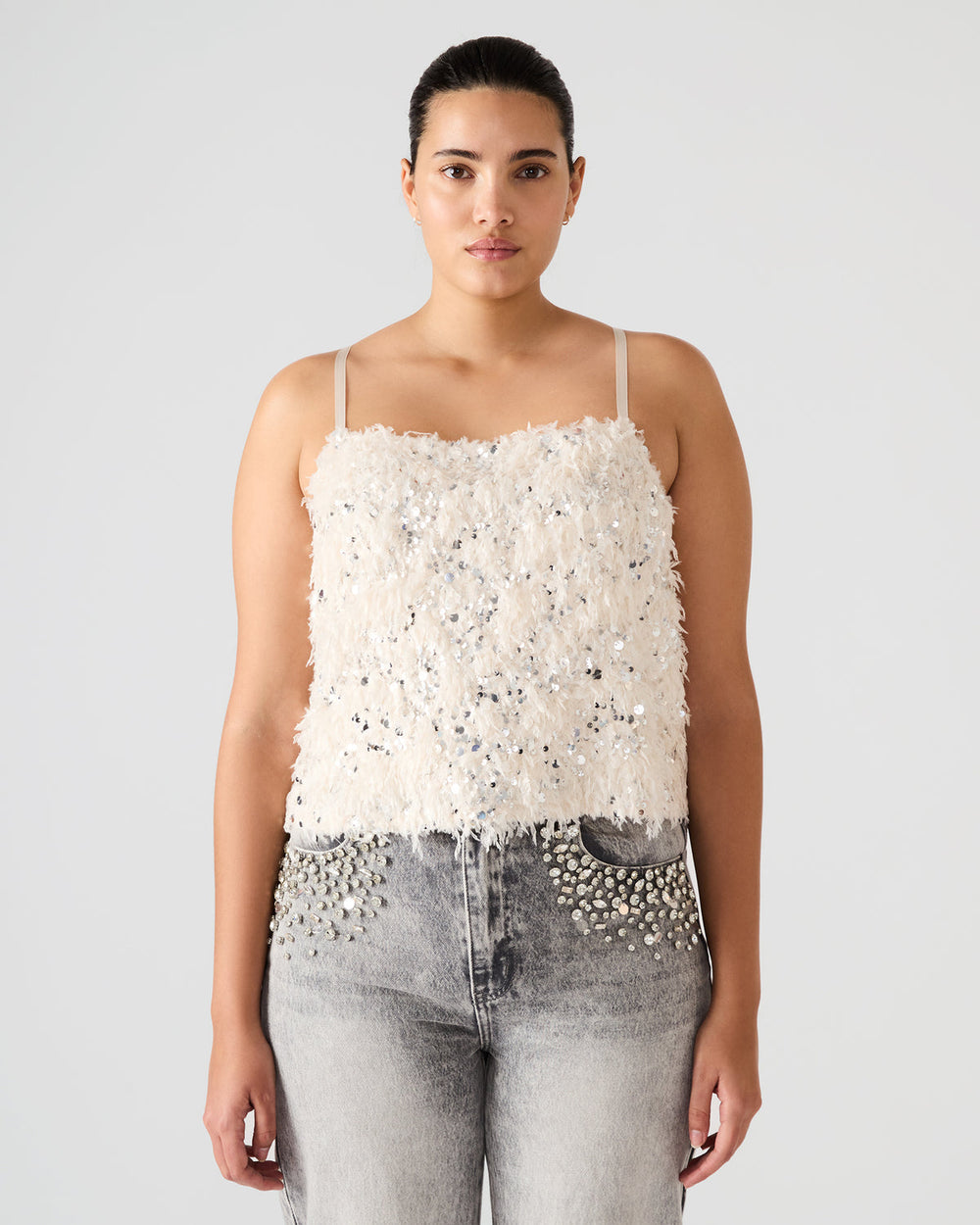 BLAKELYN Ivory Feather Sequin Embellished Women's Top | Steve Madden outlet