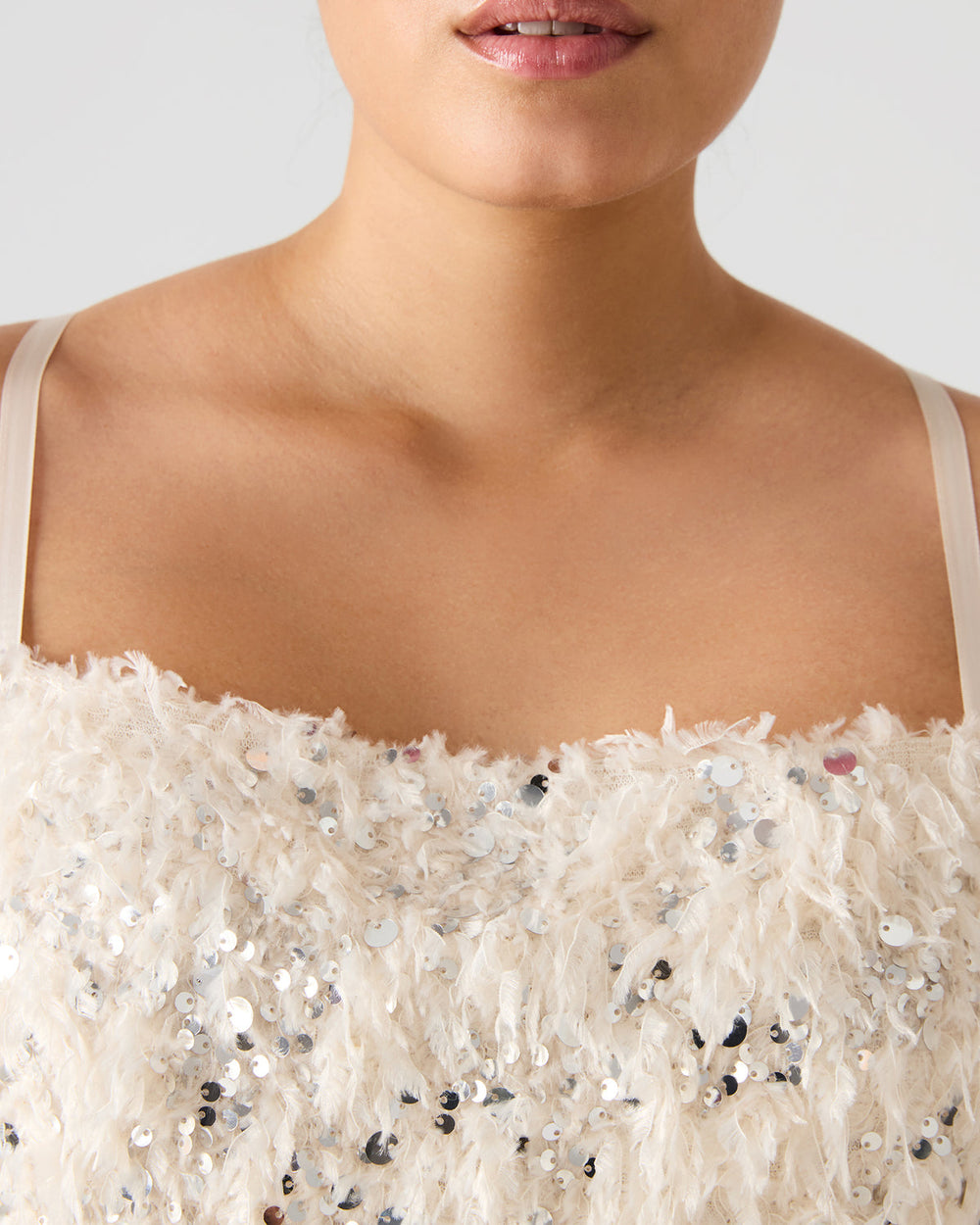 BLAKELYN Ivory Feather Sequin Embellished Women's Top | Steve Madden outlet
