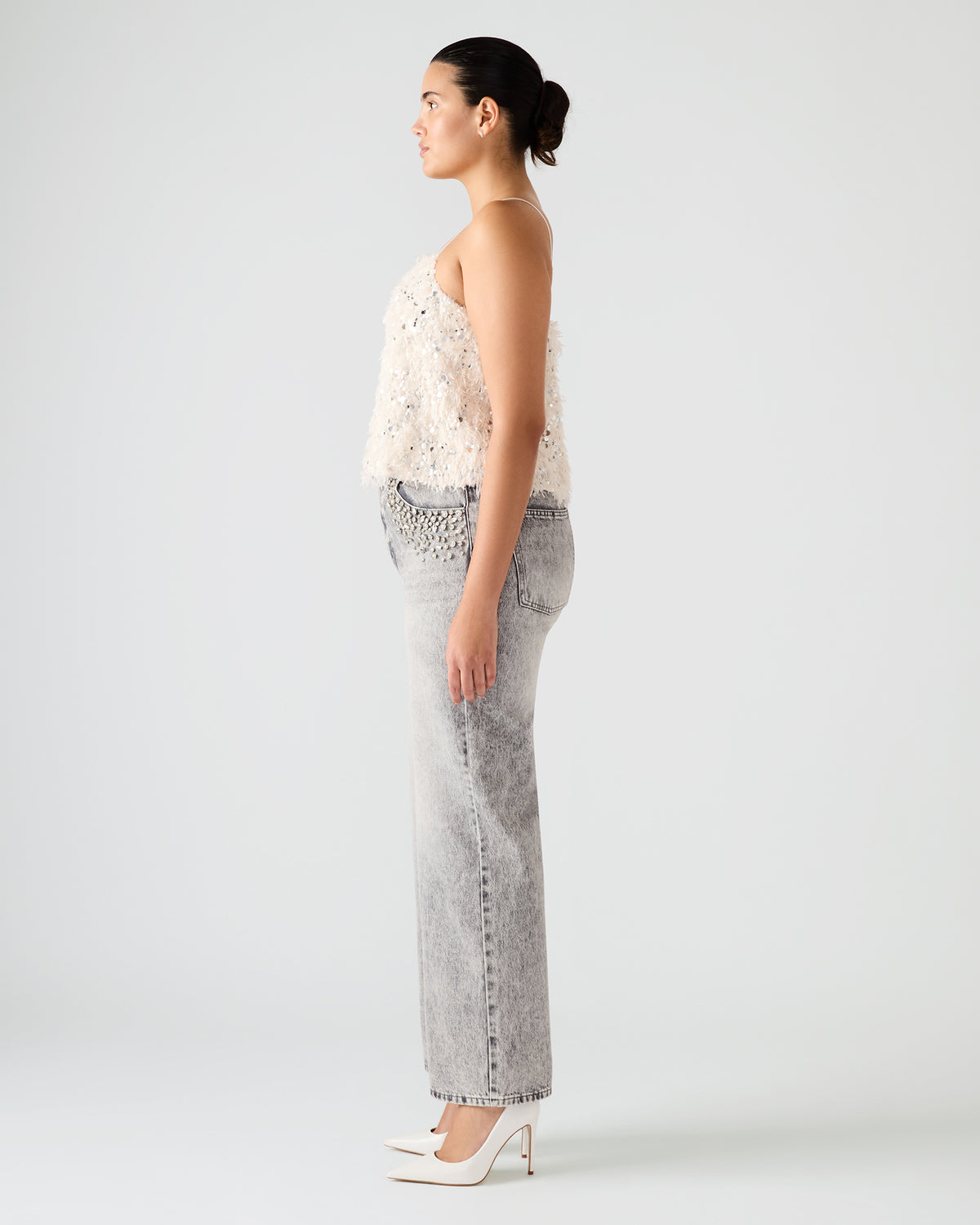 BLAKELYN Ivory Feather Sequin Embellished Women's Top | Steve Madden outlet