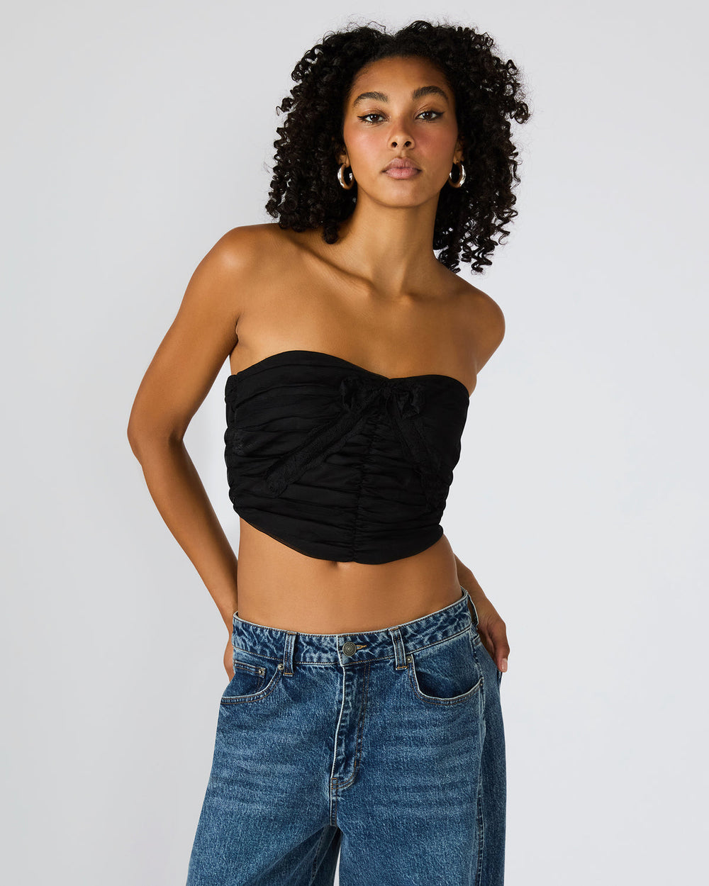 MARTINE Black Strapless Ruched Cropped Corset Women's Top | Steve Madden near me