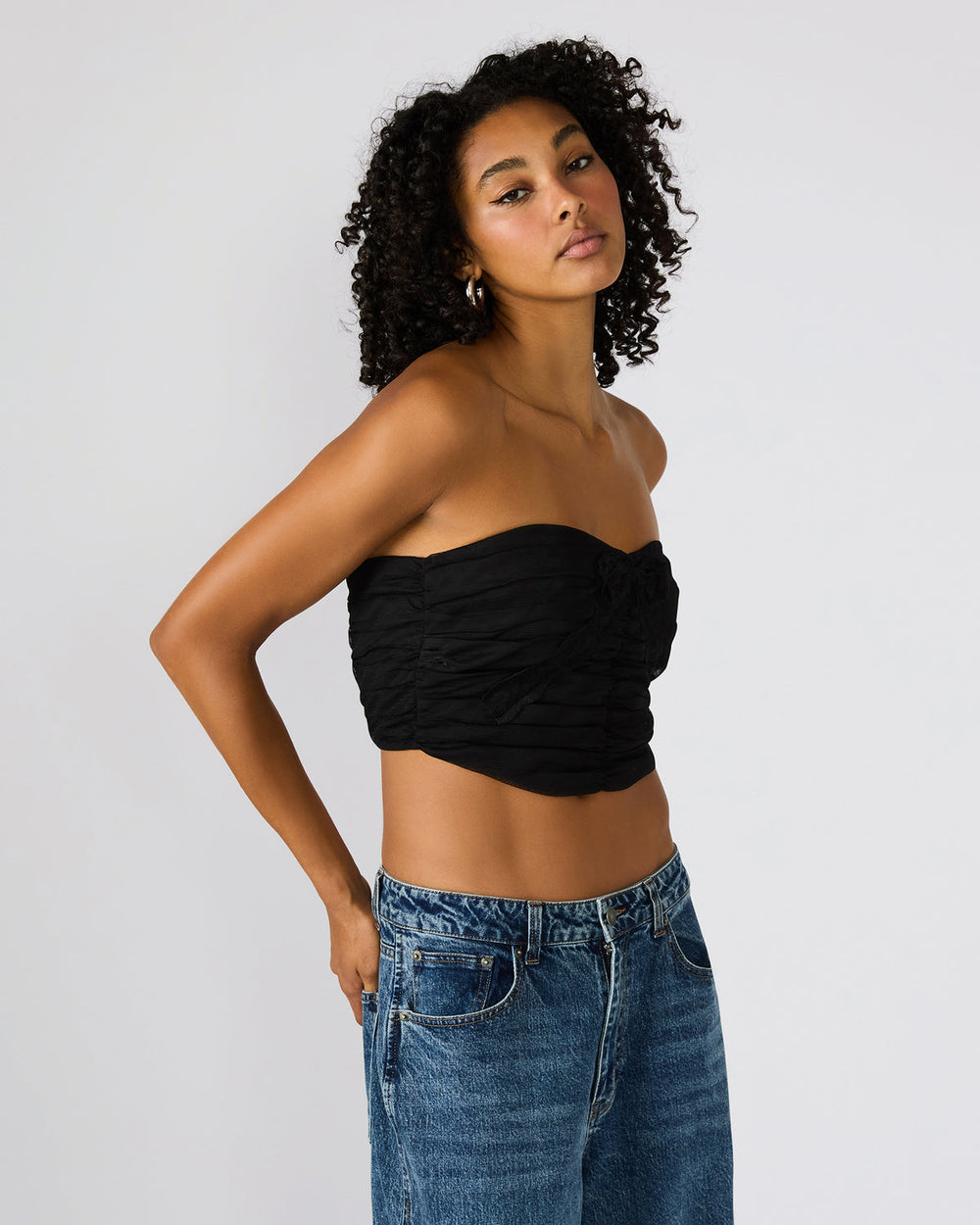 MARTINE Black Strapless Ruched Cropped Corset Women's Top | Steve Madden near me