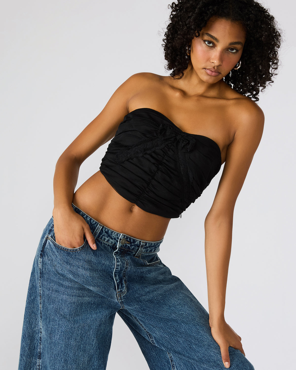MARTINE Black Strapless Ruched Cropped Corset Women's Top | Steve Madden near me