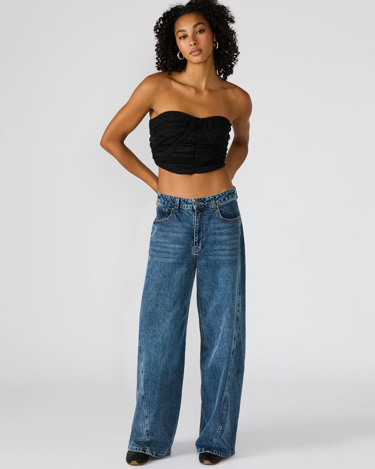 MARTINE Black Strapless Ruched Cropped Corset Women's Top | Steve Madden near me