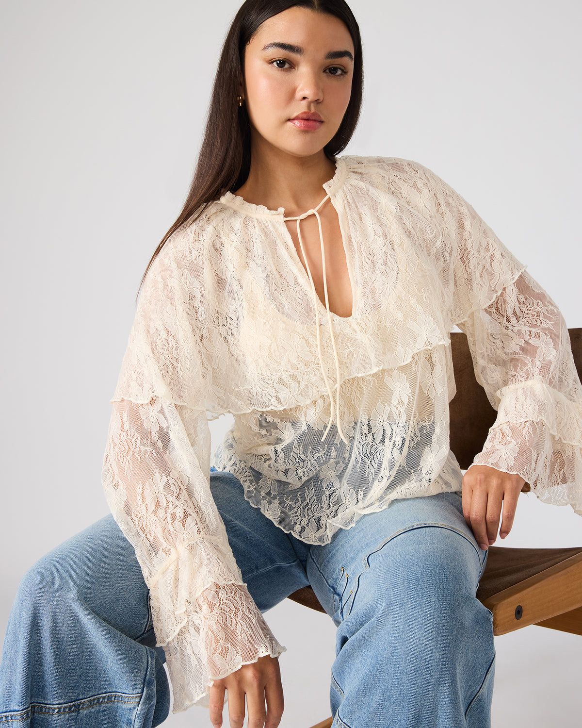 SAYLOR Cream Long-Sleeved Ruffle Mesh Lace Women's Top | Steve Madden US