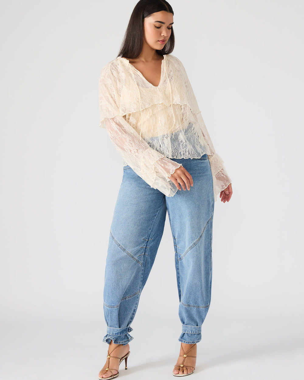 SAYLOR Cream Long-Sleeved Ruffle Mesh Lace Women's Top | Steve Madden US